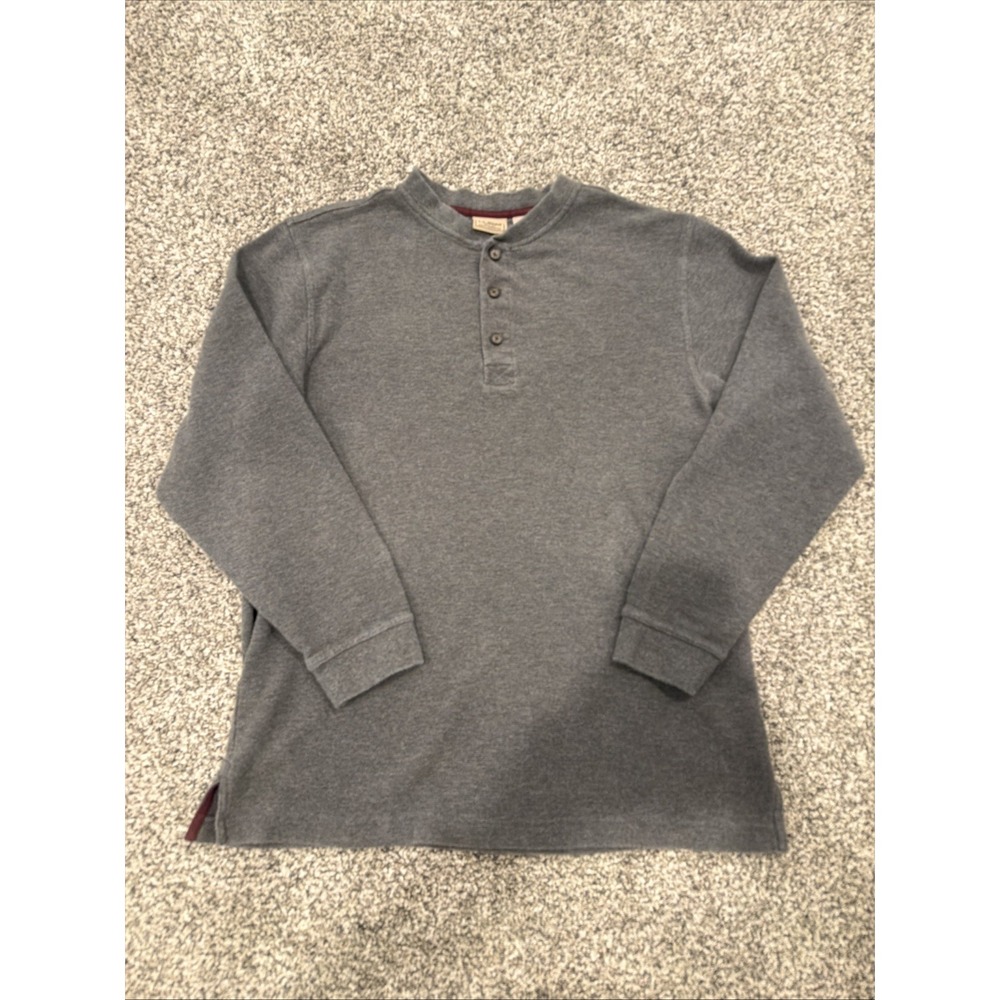 VTG LL Bean Shirt Men Med Gray Henley Thermal Long Sleeve Cotton Mini Waffle Tee